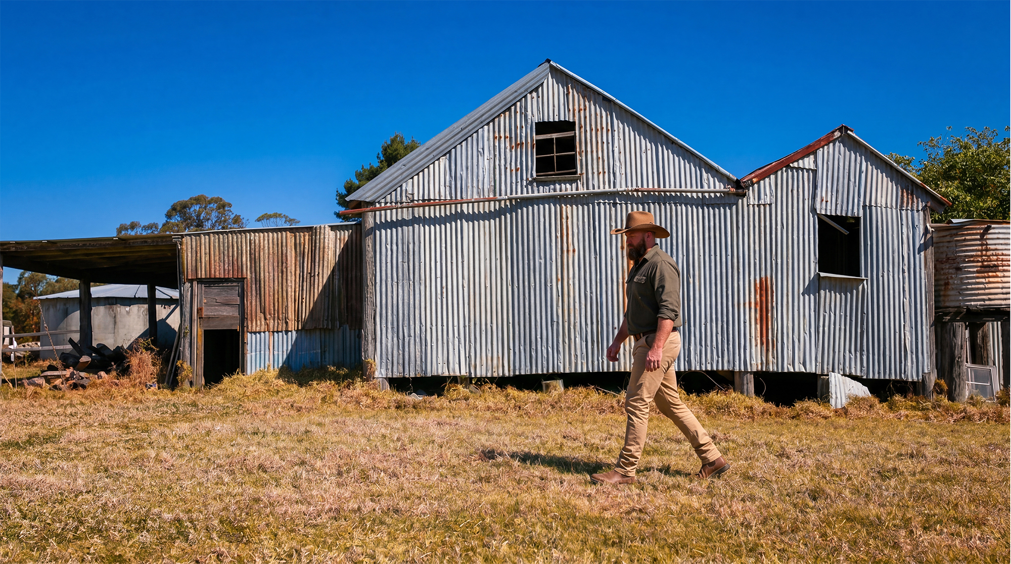 Man walking past farm shed